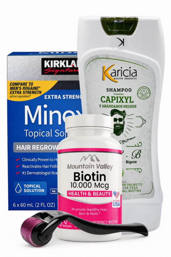 Combo Biotina 10.000 mcg x100 Cap + Minoxidil Kirkland 5% X6 Frascos + Shampoo Capixil + Dermaroller 0.5mm