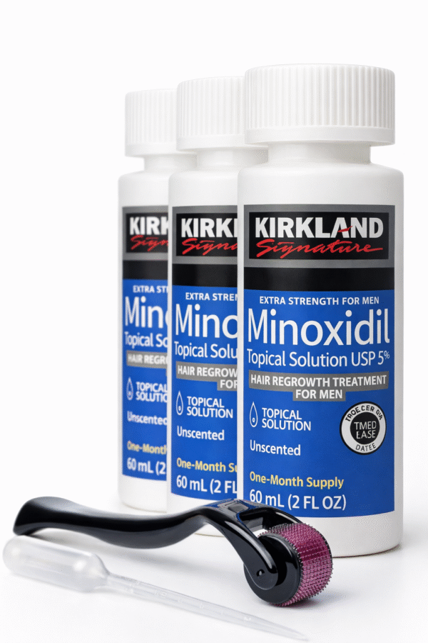 Minoxidil Topical Solution USP 5% Kirkland X3 Frascos (180 ml) + Derma Roller 0.5mm