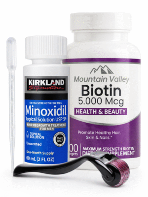 Combo Biotina 5.000 mcg x100 Cap Mountain Valley + Minoxidil Kirkland 5% 60ml + Dermaroller de 0.5mm