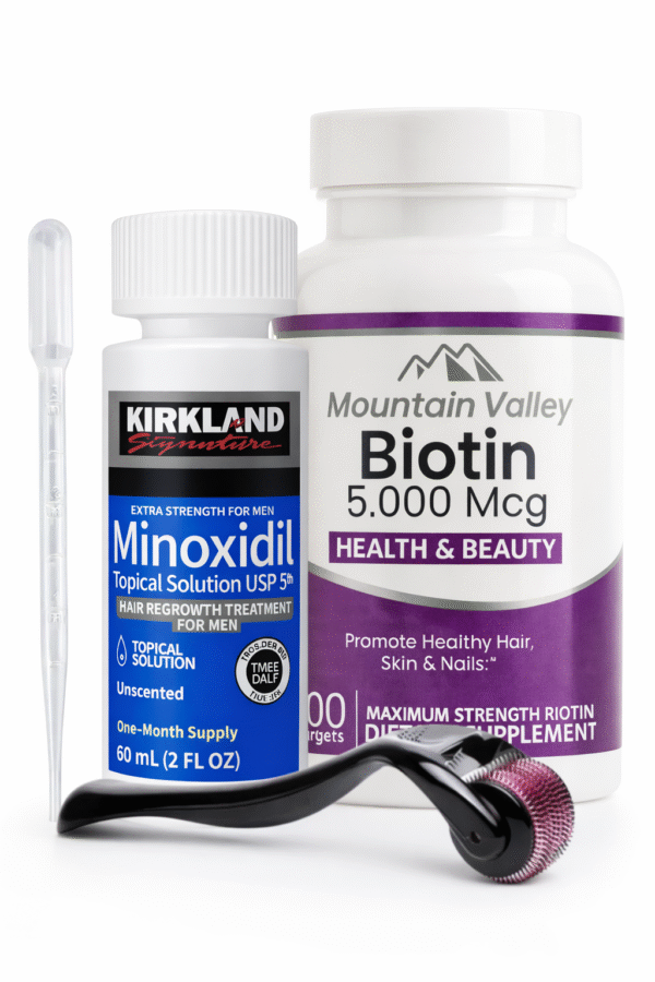 Combo Biotina 5.000 mcg x100 Cap Mountain Valley + Minoxidil Kirkland 5% 60ml + Dermaroller de 0.5mm