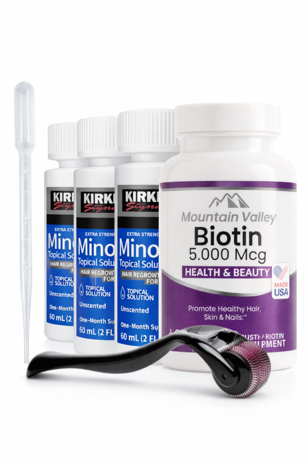 Combo Biotina 5.000 mcg + Minoxidil Kirkland 5% x3 Frascos + Dermaroller 0.5mm