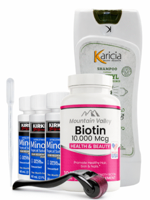 Combo Biotina 10.000 mcg x100 Cap Mountain valley + Minoxidil Kirkland 5% 180ml x3 Frascos + Shampoo Karicia + Dermaroller 0.5mm