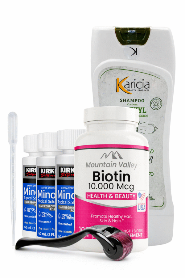 Combo Biotina 10.000 mcg x100 Cap Mountain valley + Minoxidil Kirkland 5% 180ml x3 Frascos + Shampoo Karicia + Dermaroller 0.5mm