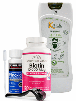 Combo Biotina 10.000 mcg x100 Cap Mountain valley + Minoxidil Kirkland 5% 60ml + Shampoo Karicia + Dermaroller 0.5mm