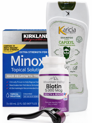 Combo Biotina 5.000 mcg x 100 Cap Mountain valley + Minoxidil Kirkland 5% 60ml + Shampoo Karicia + Dermaroller 05.mm