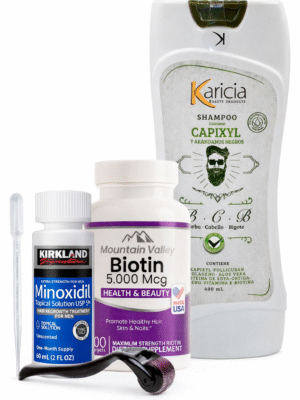 Combo Biotina 5.000 mcg x100 Cap Mountain Valley + Minoxidil Kirkland 5% 60 ml + Shampoo Karicia + Dermaroller 0.5mm