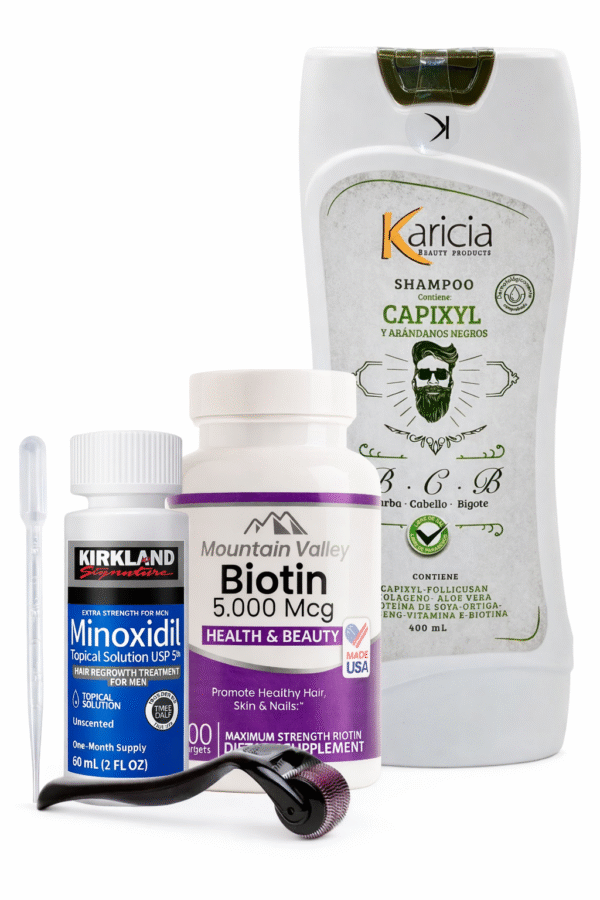 Combo Biotina 5.000 mcg x100 Cap Mountain Valley + Minoxidil Kirkland 5% 60 ml + Shampoo Karicia + Dermaroller 0.5mm