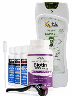 Combo Biotina 5.000 mcg x100 Cap Mountain Valley + Minoxidil Kirkland 5% 60ml + Shampoo Karicia + Dermaroller 0.5mm