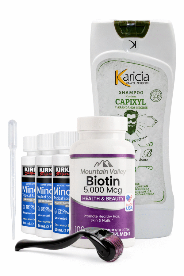 Combo Biotina 5.000 mcg x100 Cap Mountain Valley + Minoxidil Kirkland 5% 60ml + Shampoo Karicia + Dermaroller 0.5mm