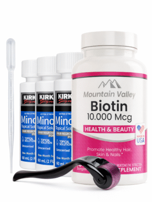 Combo Biotina 10.000 mcg x100 Cap + Minoxidil Kirkland 5% 180ml x3 Frascos + Dermaroller 0.5mm