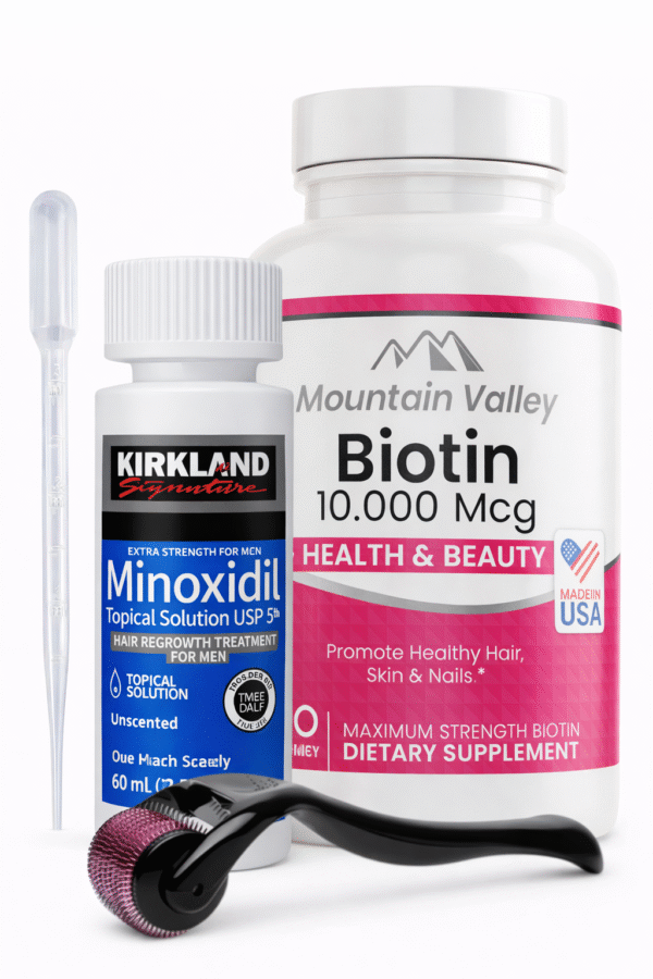 Combo Biotina 10.000 mcg x100 Cap + Minoxidil Kirkland 5% 60ml + Dermaroller de 0.5mm