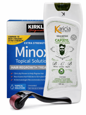 Minoxidil Kirkland 5% caja X6 Frascos + Shampoo Karicia Capixyl 400 ml + Dermaroller 0.5 mm