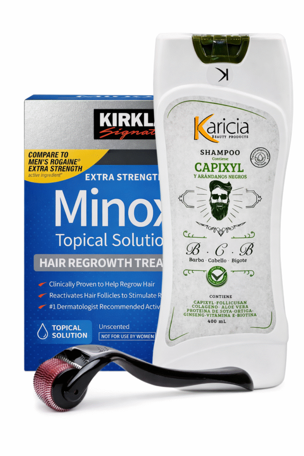 Minoxidil Kirkland 5% caja X6 Frascos + Shampoo Karicia Capixyl 400 ml + Dermaroller 0.5 mm