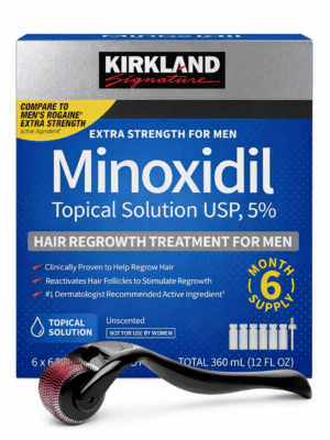 Minoxidil Kirkland Topical Solution USP 5% X6 Frascos 360 ml + Derma Roller 0.5 mm “ENVIO GRATIS”
