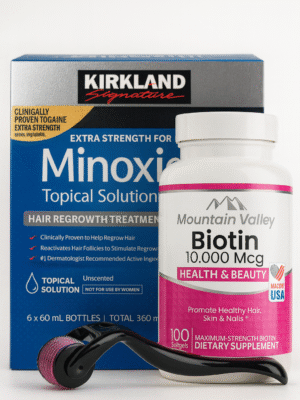 Combo Biotina 10.000 mcg x100 Capsulas + Minoxidil Kirkland 5% X6 Frascos (360ml) + Dermaroller 0.5mm
