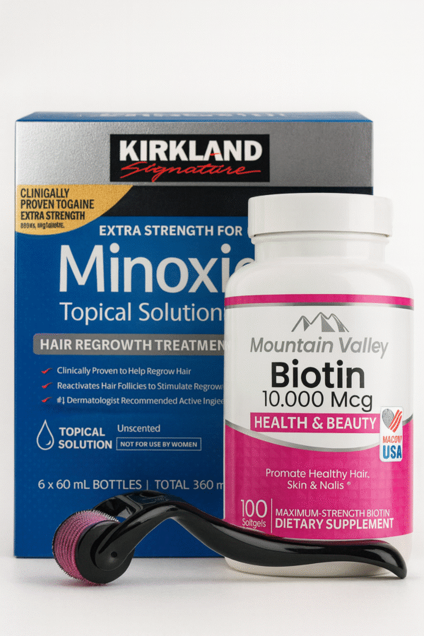 Combo Biotina 10.000 mcg x100 Capsulas + Minoxidil Kirkland 5% X6 Frascos (360ml) + Dermaroller 0.5mm